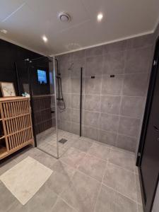 a bathroom with a shower with a glass door at Forest lodge in Norskholmen +20 photos