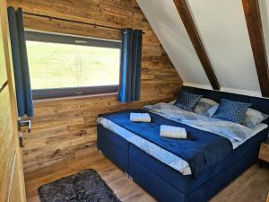 a bedroom in a tiny house with a large window at Orawskie wzgórze in Jabłonka