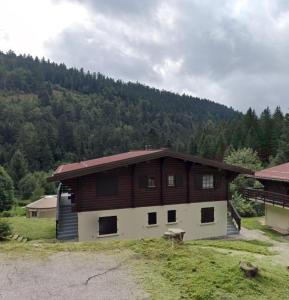 a large wooden house in front of a mountain at Le cocon de La Bresse in La Bresse