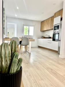 a kitchen with a table and a cactus in a pot at La Perla del Pinatar in San Pedro del Pinatar