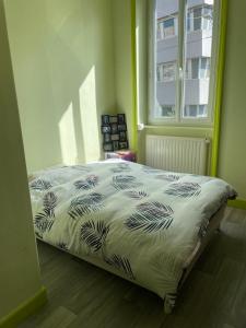 ein Bett in einem Zimmer mit einem Fenster in der Unterkunft Maison et Jardin in Privas