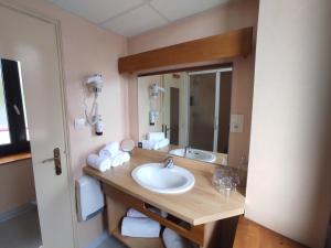 a bathroom with a sink and a mirror at Hotel Restaurant La Clairiere in Chambon-sur-Dolore +24 photos