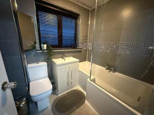 a bathroom with a toilet and a sink and a shower at Stylish & Cosy Home in Bridgend with free parking in Coity +39 photos