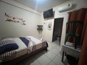 Residencial 9 de Septiembre في سانتا كروز دي لا سيرا: غرفة نوم بسرير وكرسي أخضر