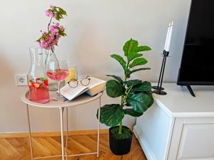 een tafel met een plant en glazen en een plant bij AURA BEACH apartment in Boergas +25 foto's