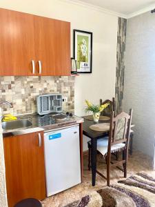 a kitchen with a sink and a table with a stove at Apartments Zuto in Ulcinj +34 photos