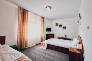 a bedroom with two beds and a window at Pensiunea Fântâniţa Haiducului in Ciungetu