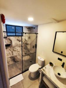 a bathroom with a toilet and a shower and a sink at Hotel HVD Inn Cabecera in Bucaramanga +64 photos