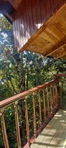 a wooden railing on a porch with a tree at Bohemio Chic House - Alojamiento con vista al bosque a 45 minutos de Medellin en Santa Elena in Santa Elena