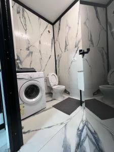 a bathroom with a washing machine and a toilet at Garsoniera Zona Stadion in Craiova