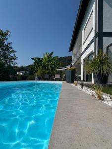 萨尔堡Palmen Oase, Relax & Wellness Saarburg的蓝色游泳池毗邻房子