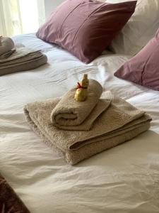 a bed with towels and a stuffed animal on it at Charming troglodyte near Amboise in Pocé-sur-Cisse