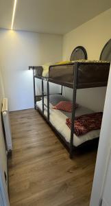 MaasbommelExclusive Houseboat La Mare 12 x 5 m in Maasbommel的铺有木地板的客房内设有两张双层床。