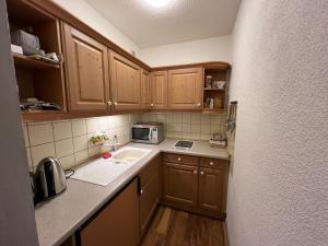 a small kitchen with a sink and a microwave at Renovated apartment with Wi-Fi in Walkenried
