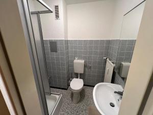 a small bathroom with a toilet and a sink at Renovated apartment with Wi-Fi in Walkenried
