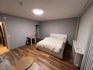a bedroom with a bed and a table in it at Renovated apartment with Wi-Fi in Walkenried
