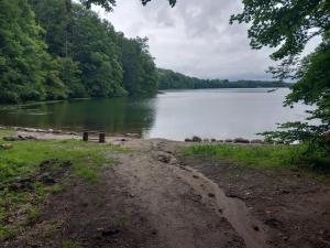 un banco sentado en la orilla de un lago en Domek w Bogaczewie nad jeziorem Narie, en Bogaczewo