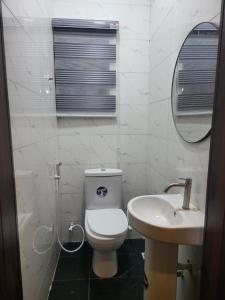 a white bathroom with a toilet and a sink at Kings Heights Apartments in Ikeja +14 photos