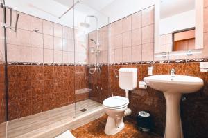 a bathroom with a shower and a toilet and a sink at Pensiunea Fântâniţa Haiducului in Ciungetu +35 photos