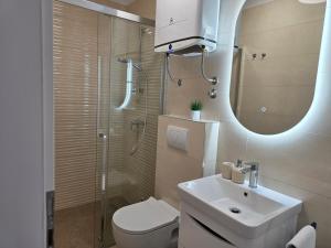 a bathroom with a toilet and a sink and a shower at Dream - sea view apartment in Pučišća +10 photos