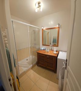 a bathroom with a shower and a sink and a mirror at Appartement proche centre-ville et plages in Cavalaire-sur-Mer