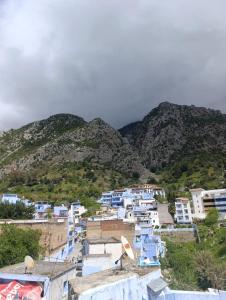 a view of a town with blue buildings and mountains at hotel dar lalla khadouj in Chefchaouen