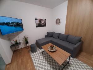 a living room with a couch and a table at Apartman Beograd Mir i Komfor in Belgrade