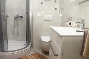 une salle de bain avec une douche, des toilettes et un lavabo dans l'établissement Apartments and rooms by the sea Kukljica, Ugljan - 24327, à Kukljica 26 autres photos