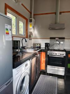 a kitchen with a washer and a sink and a stove at Cabaña con Tinaja privada - Coyhaique in Coihaique