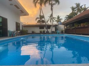 a blue swimming pool with palm trees in the background at Jasmin Czechinn in Dauis +106 photos