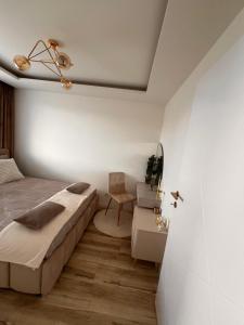 ザモシチにあるApartament Kashmir Glowのベッドと机と椅子のある寝室