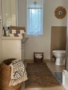 a bathroom with a rug and a toilet and a window at Harmony House in Wisełka