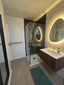 een badkamer met een wastafel, een douche en een spiegel bij Ty Fanch Quiberon in Quiberon