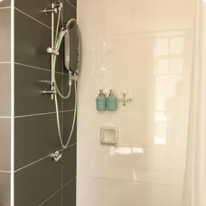 a bathroom with a shower with a blue container at GA Homes Homestay - Majestic Ipoh Condo in Ipoh +55 photos