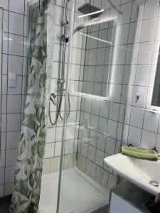 a bathroom with a shower and a sink and a tub at Stadtmitte-Iserlohn in Iserlohn