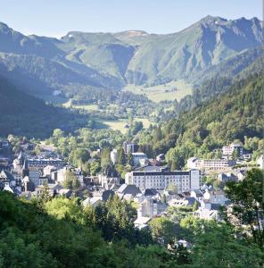 ein Blick auf eine Stadt mit Bergen im Hintergrund in der Unterkunft Entre Puy-de-Dôme et Corrèze Appartement pour 4 personnes avec terrasse et jardin in Monestier-Merlines