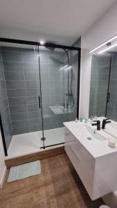 a bathroom with a shower and a white sink at Spacieux T3 Piscine à Anglet in BIQ +10 photos