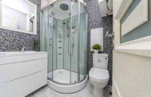 a bathroom with a shower and a toilet and a sink at Luxury Apartment near ТЦ Україна in Kyiv +6 photos