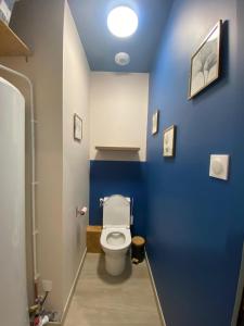 a bathroom with a toilet in a blue wall at La grange des Arondes in Les Magnils-Reigniers