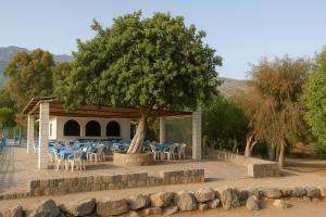 a restaurant with tables and chairs under a tree at KALIVAKI in Georgioupolis