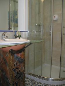 Un baño con ducha de cristal y lavabo. en Casa Rural Galatea especial Grupos, en Ossa de Montiel 37 fotos más