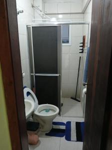 a bathroom with a shower with a toilet and a sink at Apartamento Estrela da Praia V19 in Mongaguá +32 photos