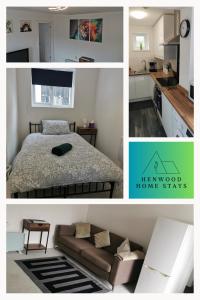 a collage of photos of a bedroom and a kitchen at Snug Little Shack in Worcester