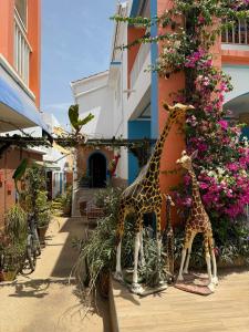 two giraffes standing next to a building with flowers at Havre De Paix in Somone