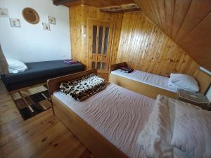 two beds in a room with wooden walls at Wypoczynek Kocia Góra in Dziemiany +77 photos