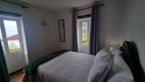 a bedroom with a bed and two windows at Amélia's House in Seixal