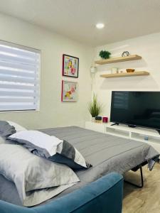 a bedroom with a large bed and a tv at Sanctuary Retreat Florida HardRock in Hollywood