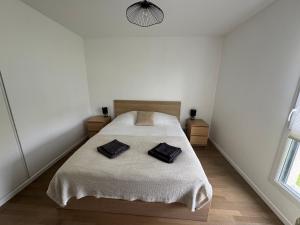 een slaapkamer met een bed met twee zwarte kussens erop bij Les jardins de Disney in Ferrières-en-Brie