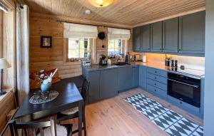 a kitchen with blue cabinets and a wooden floor at 3 Bedroom Gorgeous Home In Treungen in Treungen