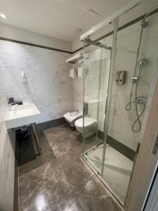 普拉托HotelLuxuryPrato的带淋浴、马桶和水槽的浴室